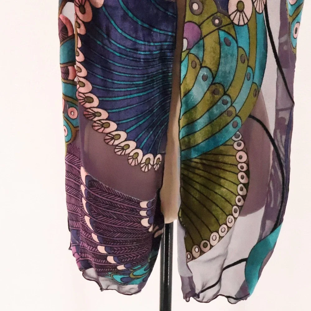 Peacock Velvet Burnoout Scarf Wrap Womens Art Nouveau Artsy Boho Jewel Tone